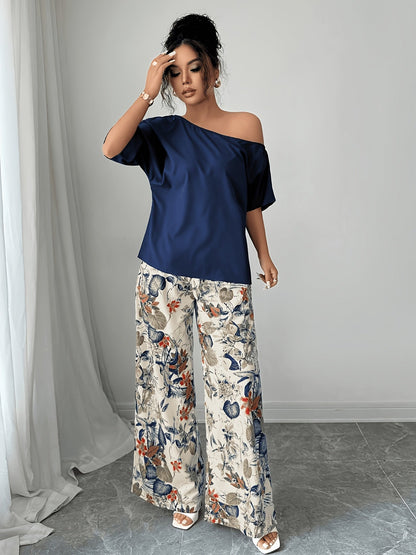 Kessoro women's off-shoulder wide-leg two-piece set in blue and pink, view 6