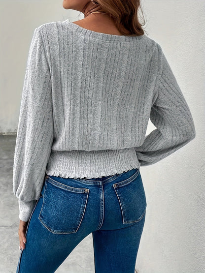 Kessoro women's ribbed smocked-waist long sleeve top in grey – image 4 of 5