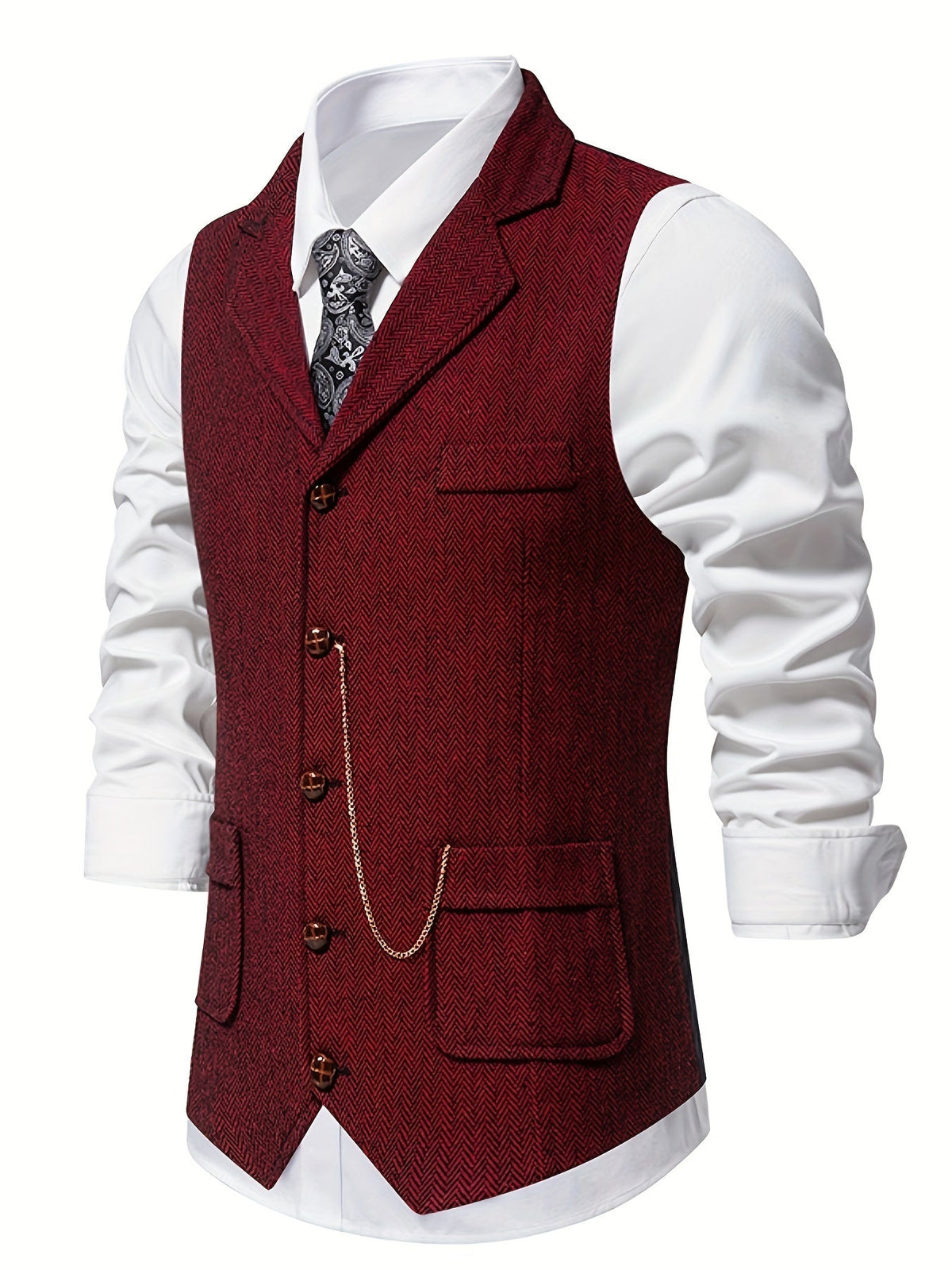 Kessoro men's herringbone single-breasted suit vest in burgundy, worn over a dress shirt