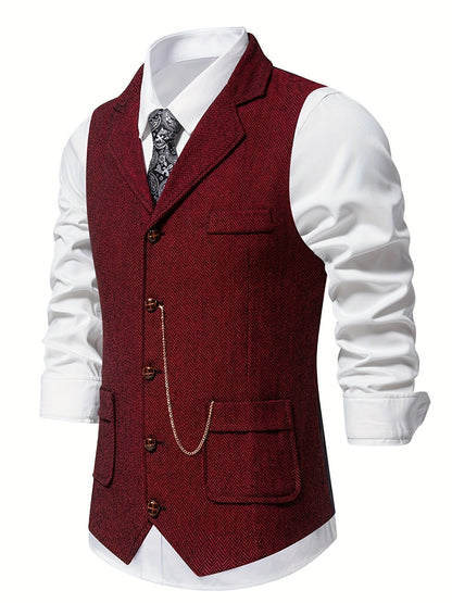 Kessoro men's herringbone single-breasted suit vest in burgundy, worn over a dress shirt
