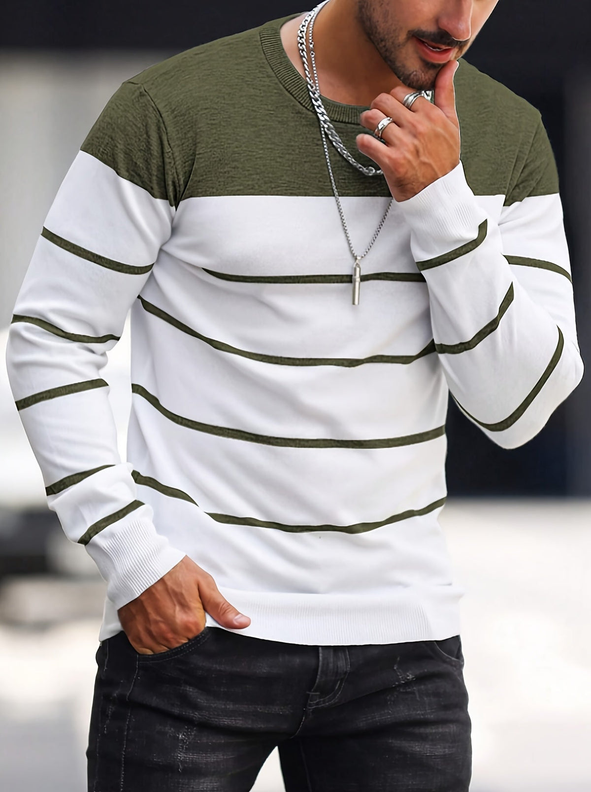 Kessoro Olive striped crew neck knit sweater for men