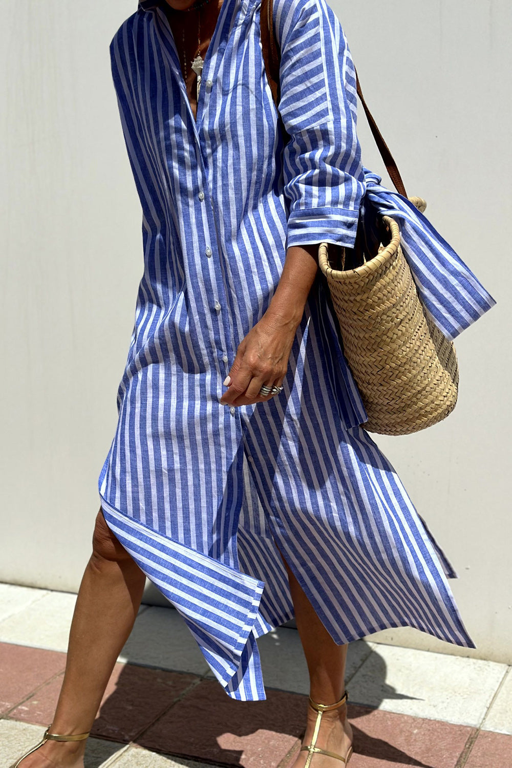 Women's striped V-neck shirt dress in pink, blue and khaki