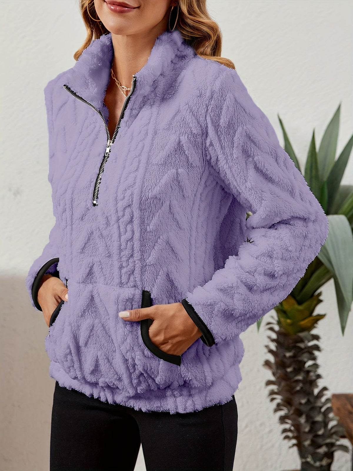 Kessoro women's plush textured half-zip pullover in burgundy, grey, pink, white, khaki, purple and blue - product view 45