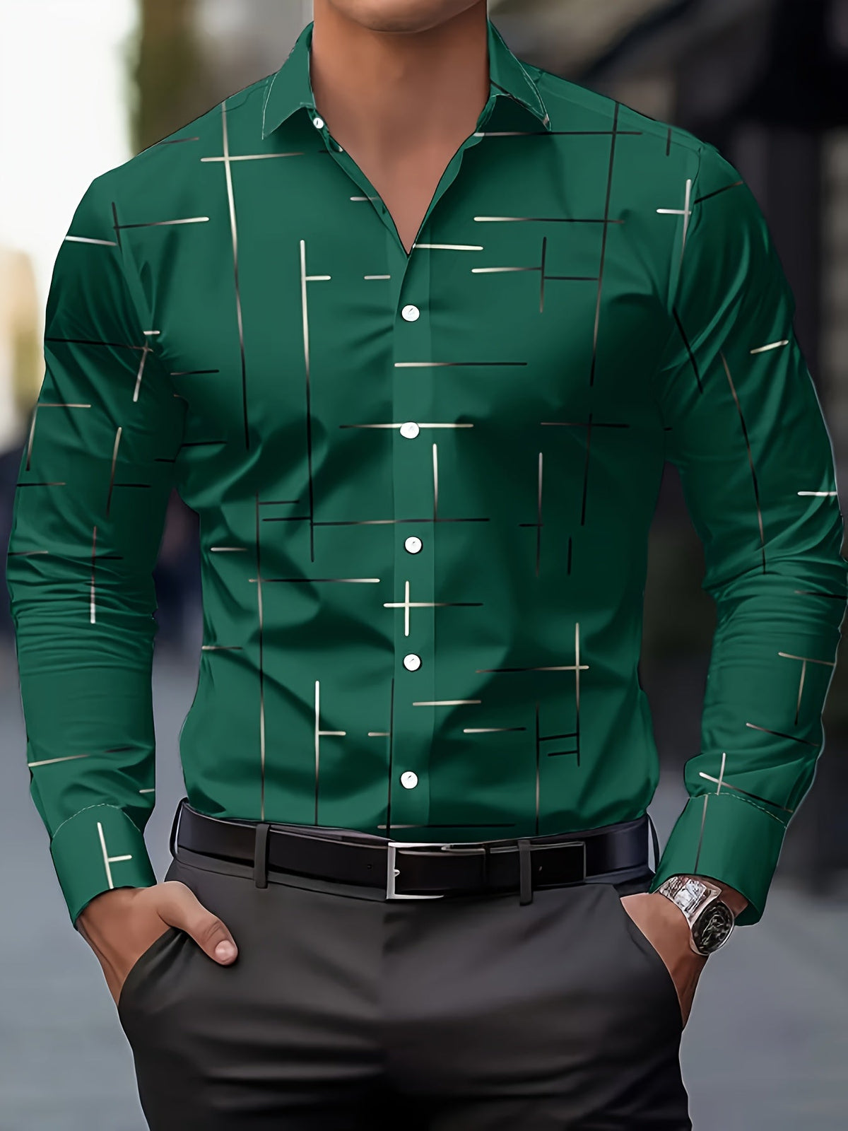 Men's line-print regular fit button-up shirt in navy, malachite green, orange yellow and pink, view 8