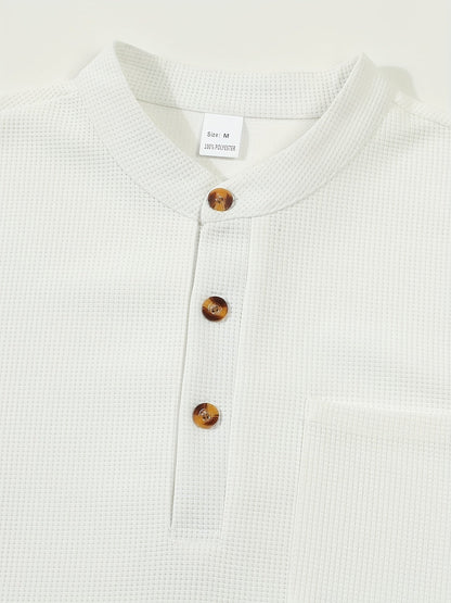 Men's textured long sleeve henley shirt in khaki, white, black, grey and burgundy, colour option 1 back view