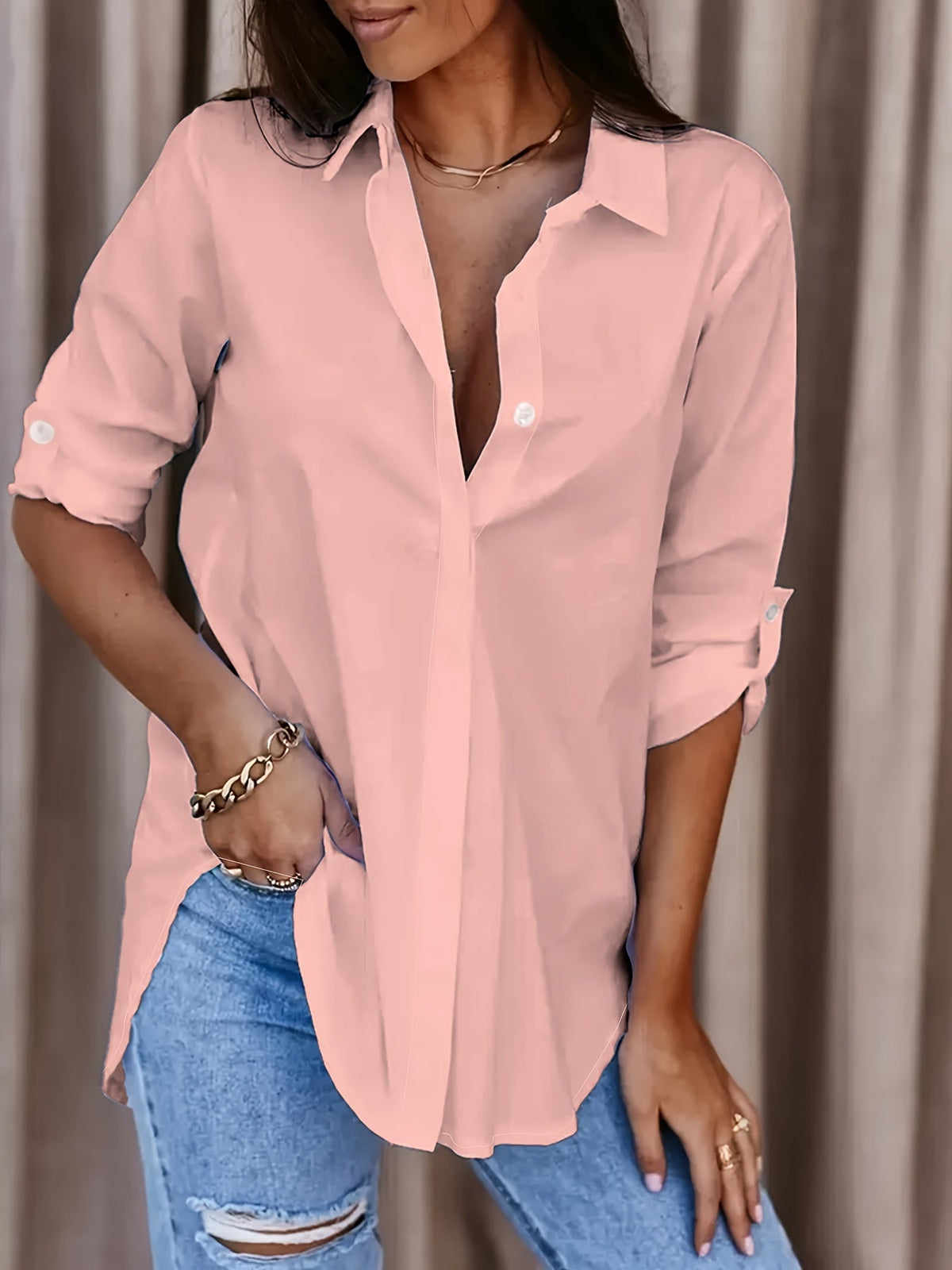 Kessoro Women's relaxed fit roll-tab sleeve collared shirt in white, red, black and more, view 9