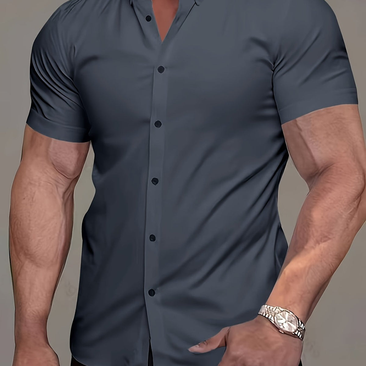 Kessoro men's refined short-sleeve button-up shirt shown in eleven colourways including white, black, navy and army green on a male model