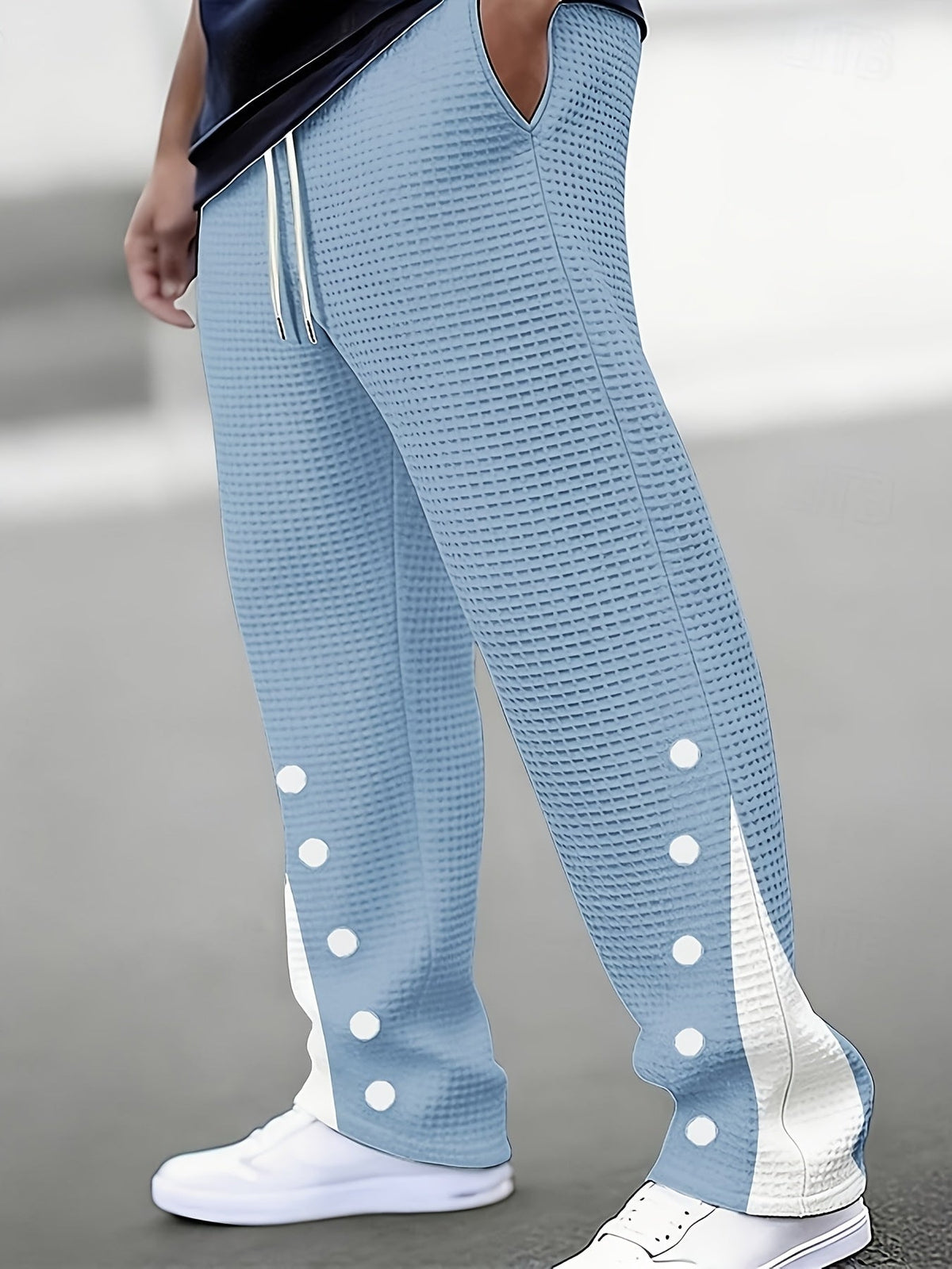 Kessoro men's waffle-texture snap-side drawstring pants in sky blue and black – view 8