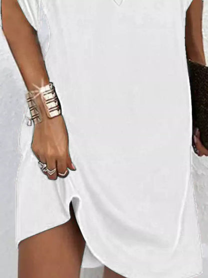 Women's V-neck mini dress with slit sleeves in army green, black, white, orange and pink