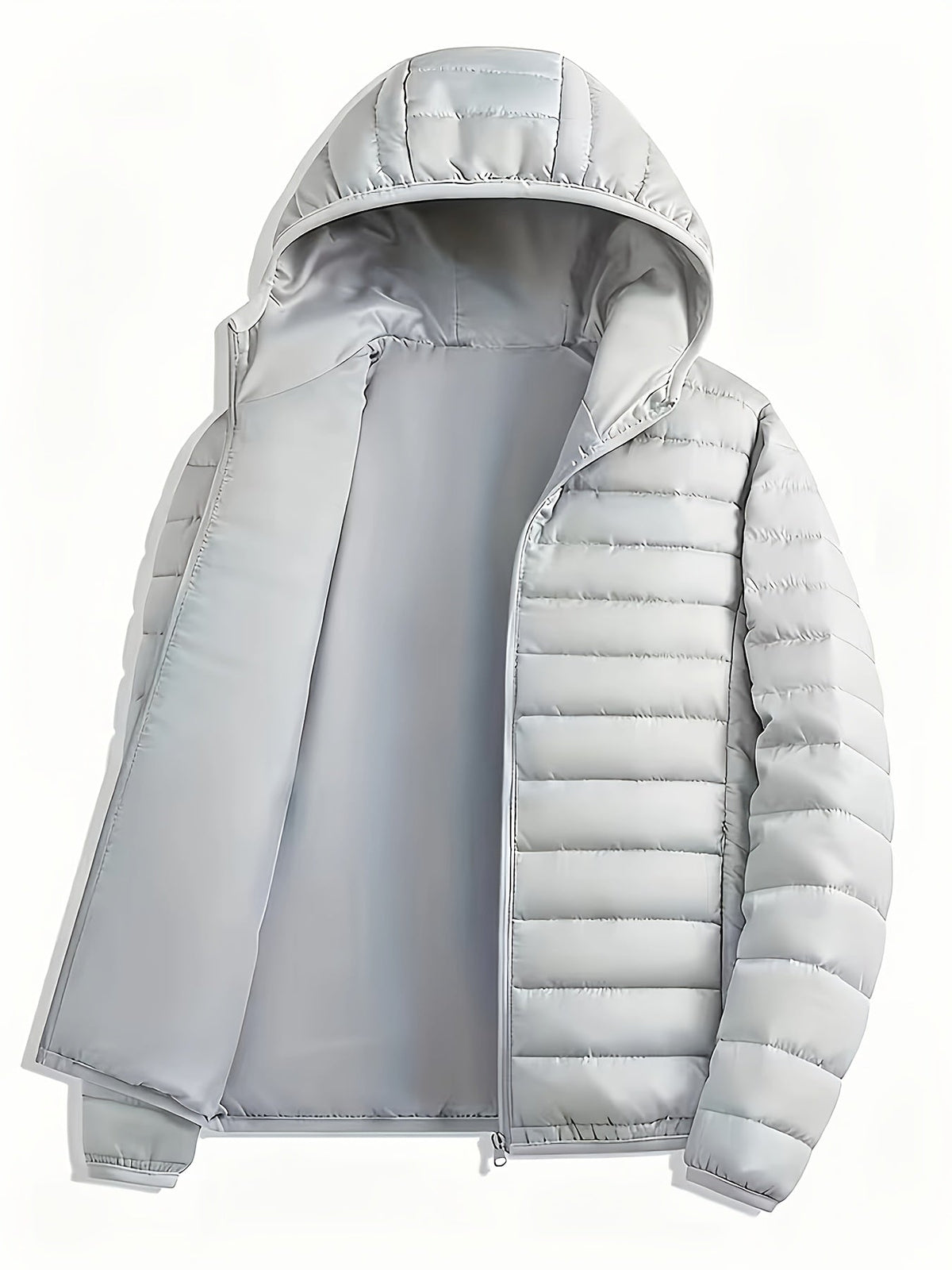 Men's lightweight quilted hooded puffer jacket in dark green, light grey, navy and black, side view