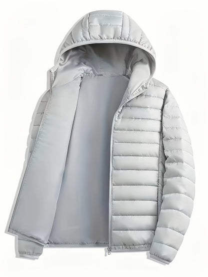 Men's lightweight quilted hooded puffer jacket in dark green, light grey, navy and black, side view
