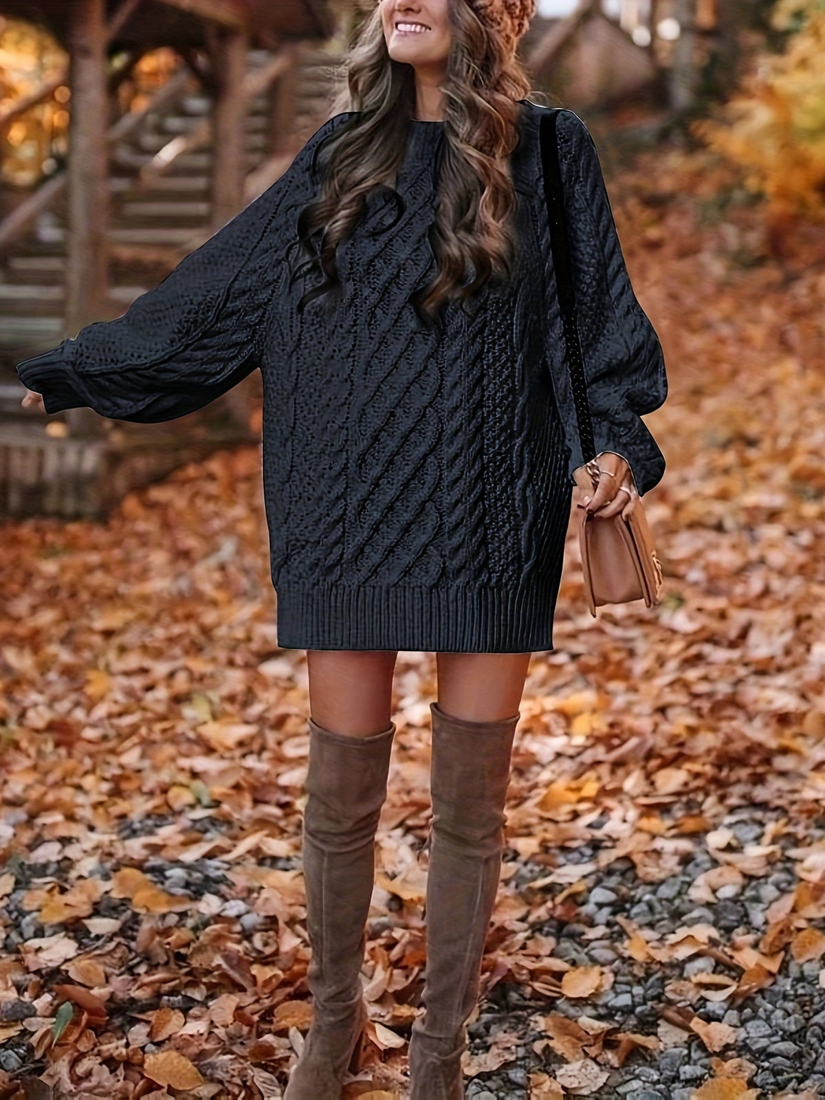 Kessoro women's black cable-knit relaxed sweater dress - view 4 of 5