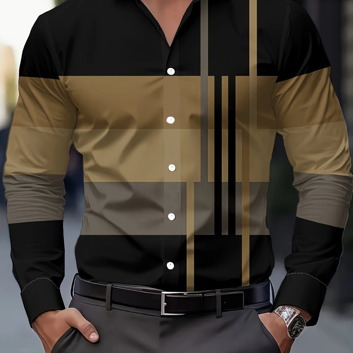 Kessoro men's colour-block long-sleeve shirt in brown, dark grey or black, view 1 of 17
