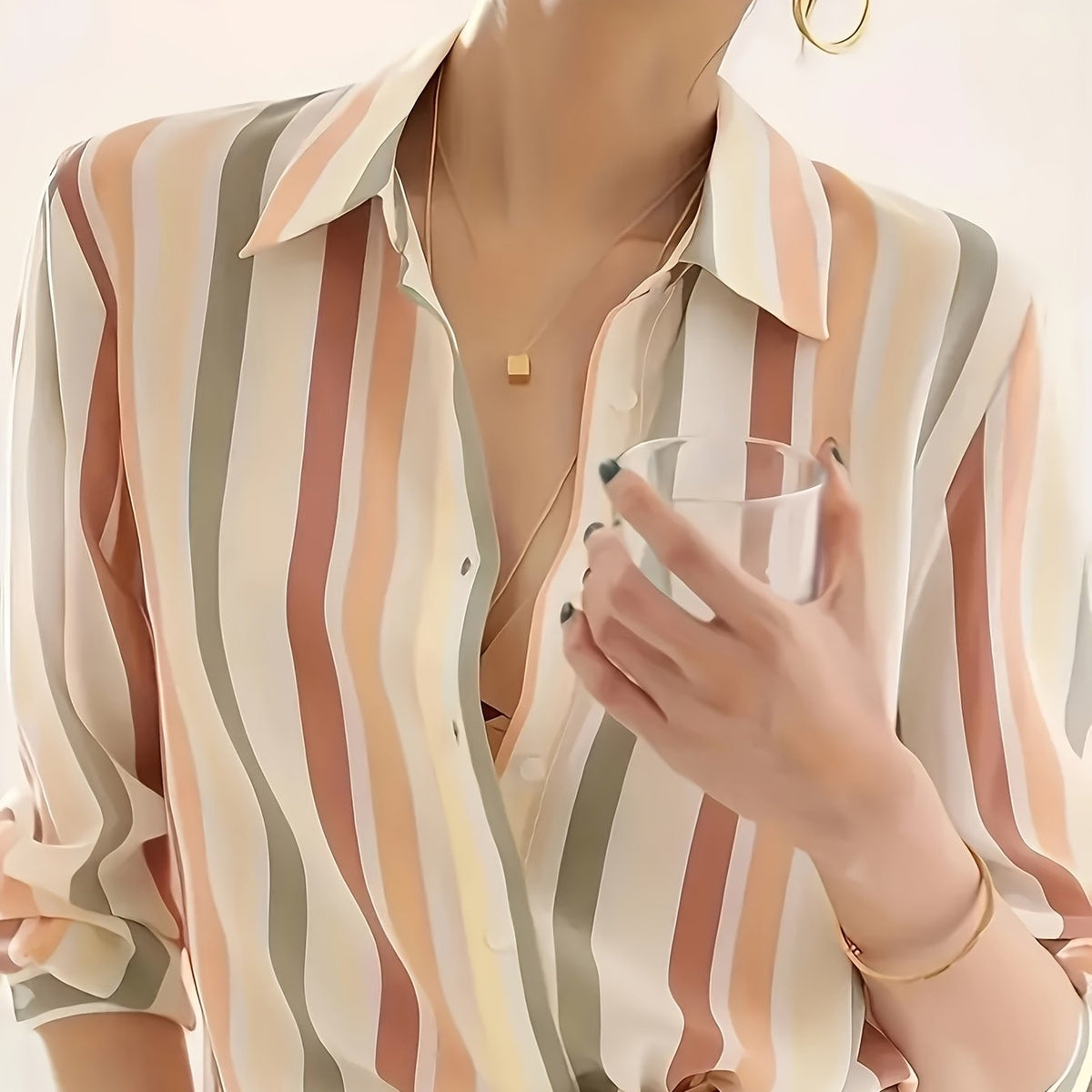 Kessoro Women's Striped Lapel Collar Button-Up Blouse in blue, sky blue, tangerine and other colourways — front view