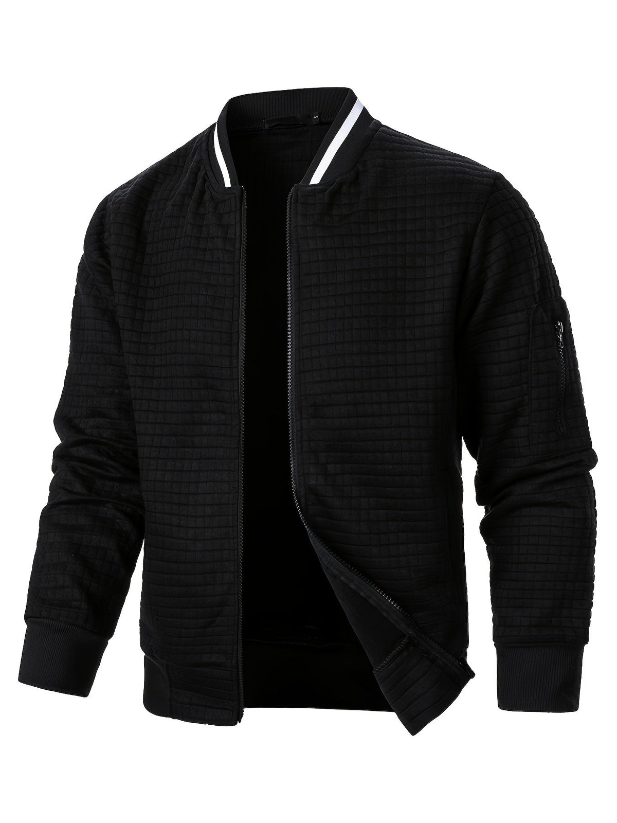 Men's textured stand-collar zip-up bomber jacket in khaki, black, dark gray, military green, navy and burgundy, angled view