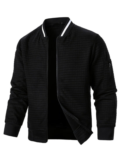 Men's textured stand-collar zip-up bomber jacket in khaki, black, dark gray, military green, navy and burgundy, angled view