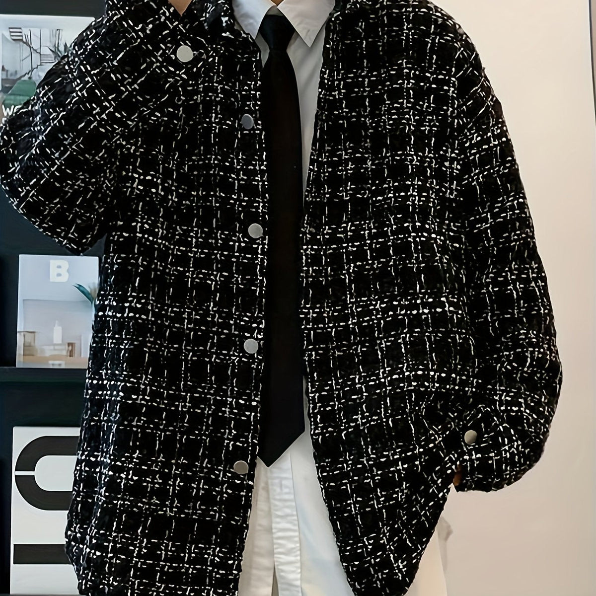 Kessoro Men's Textured Plaid Shirt Jacket in black, image 1 of 7.