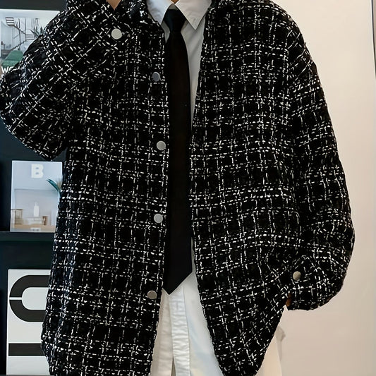 Kessoro Men's Textured Plaid Shirt Jacket in black, image 1 of 7.