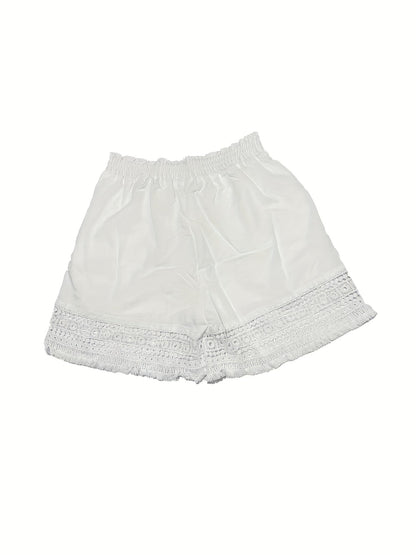 Kessoro women's lace-trim paper bag waist shorts in sky blue, khaki, black and white neutral tones