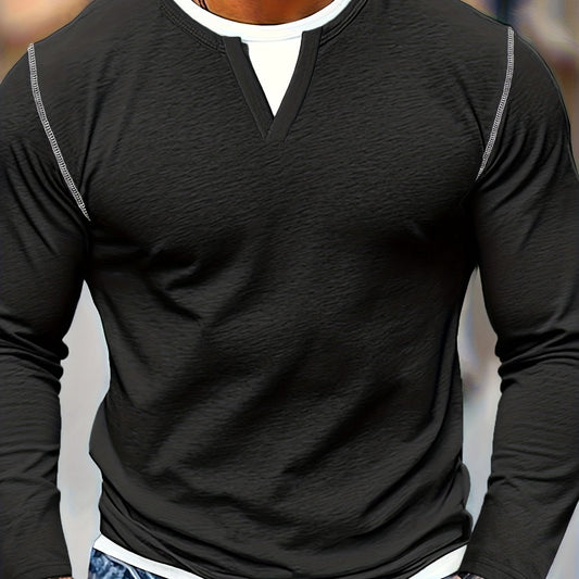 Men's notch-neck contrast-stitch henley shirt in black, front view