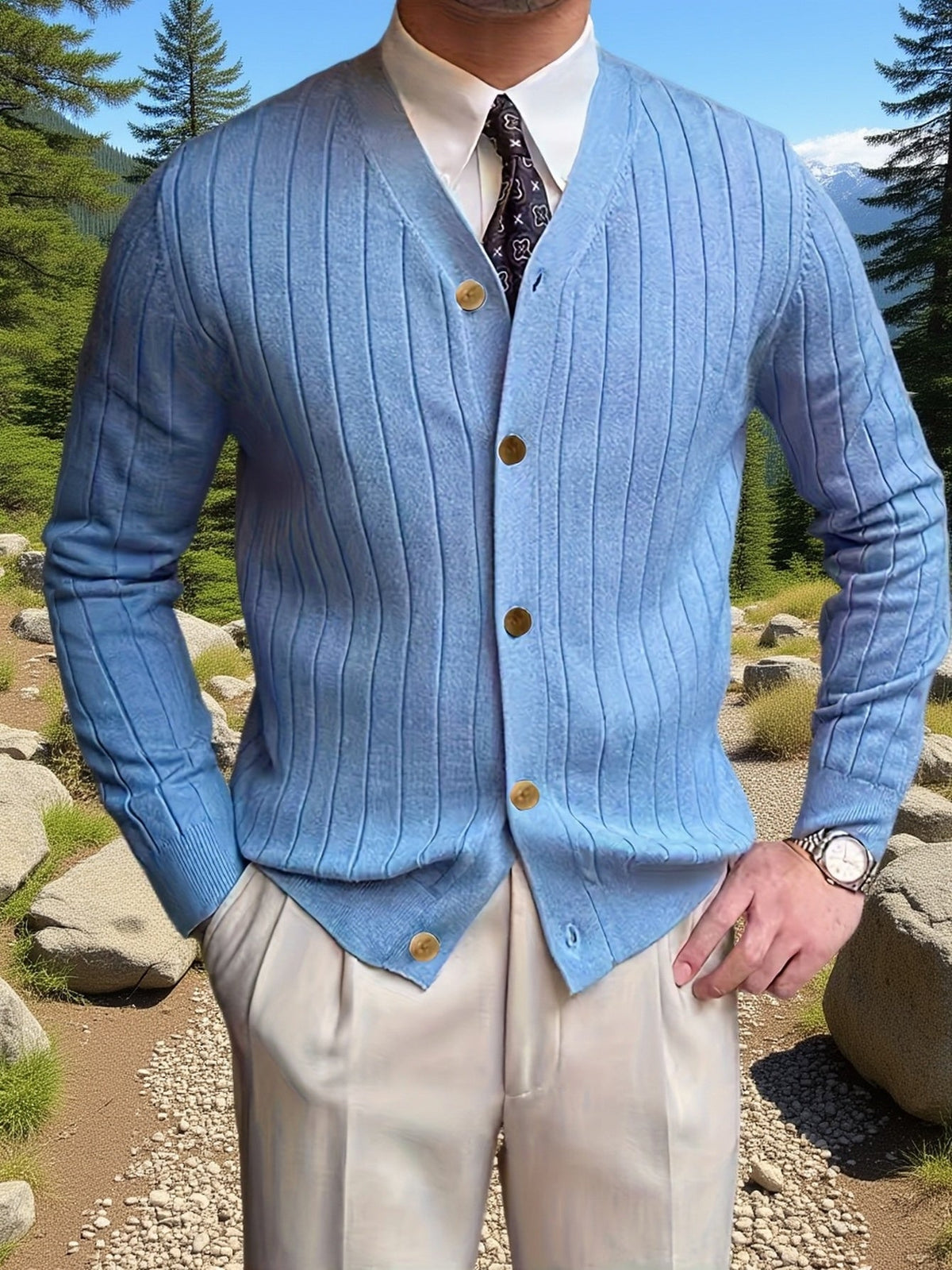 Kessoro Men's Ribbed Button-Up Knit Cardigan in white, sky blue and black, image 12 of 18.