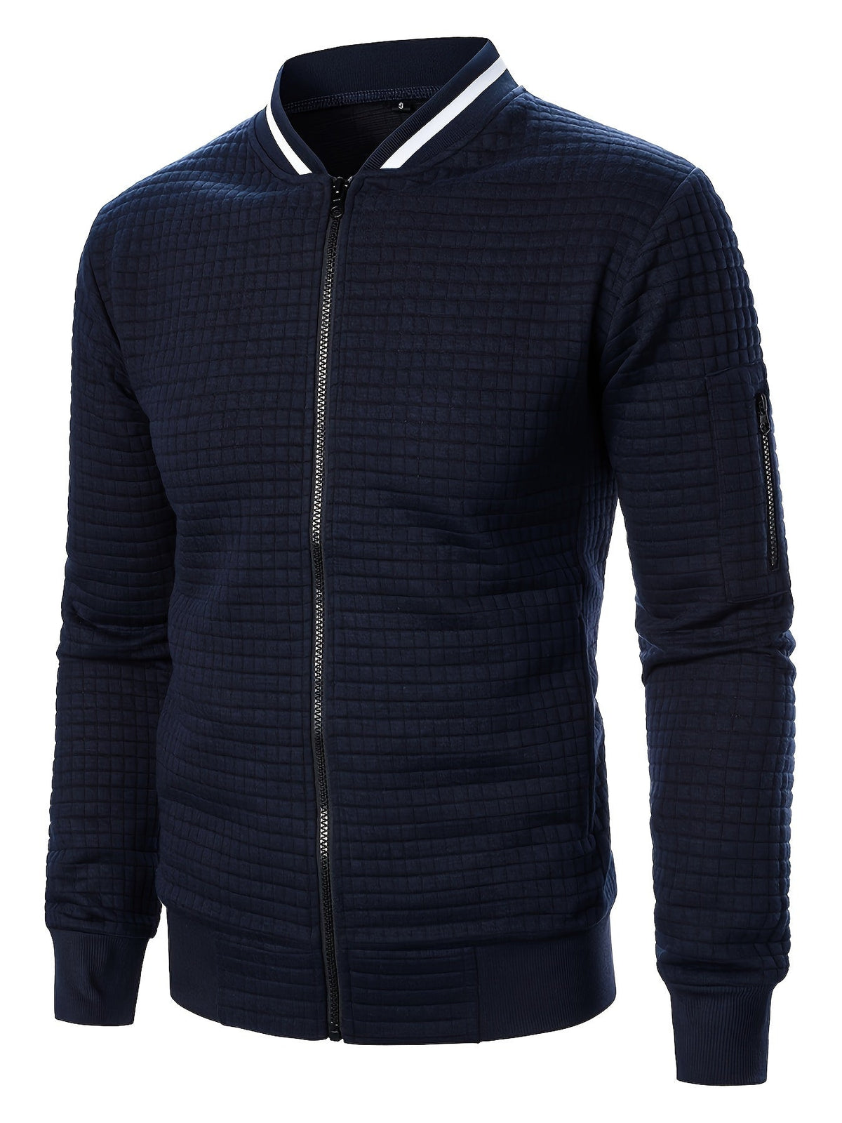 Men's textured stand-collar zip-up bomber jacket in khaki, black, dark gray, military green, navy and burgundy, angled view 3