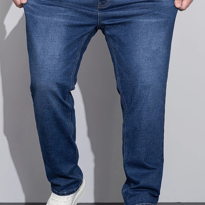 Men's mid-rise straight-leg stretch jeans in blue and black denim, front view