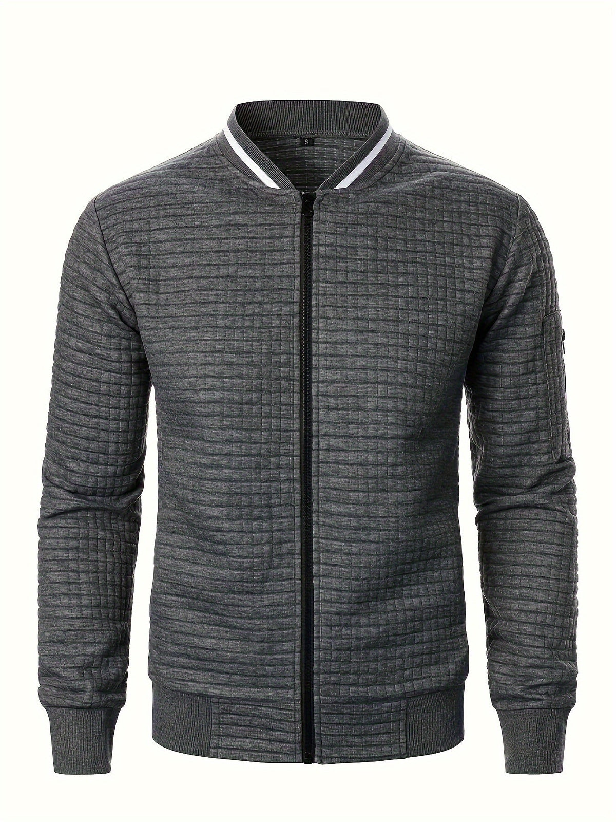Men's textured stand-collar zip-up bomber jacket in khaki, black, dark gray, military green, navy and burgundy, back view 2