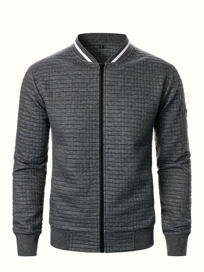 Men's textured stand-collar zip-up bomber jacket in khaki, black, dark gray, military green, navy and burgundy, back view 2