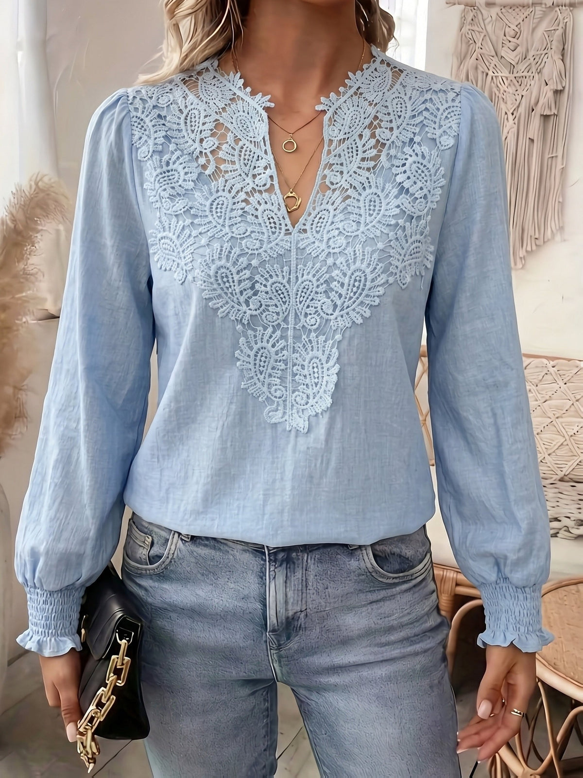 Kessoro women's embroidered V-neck lantern-sleeve blouse in white and light blue – view 3