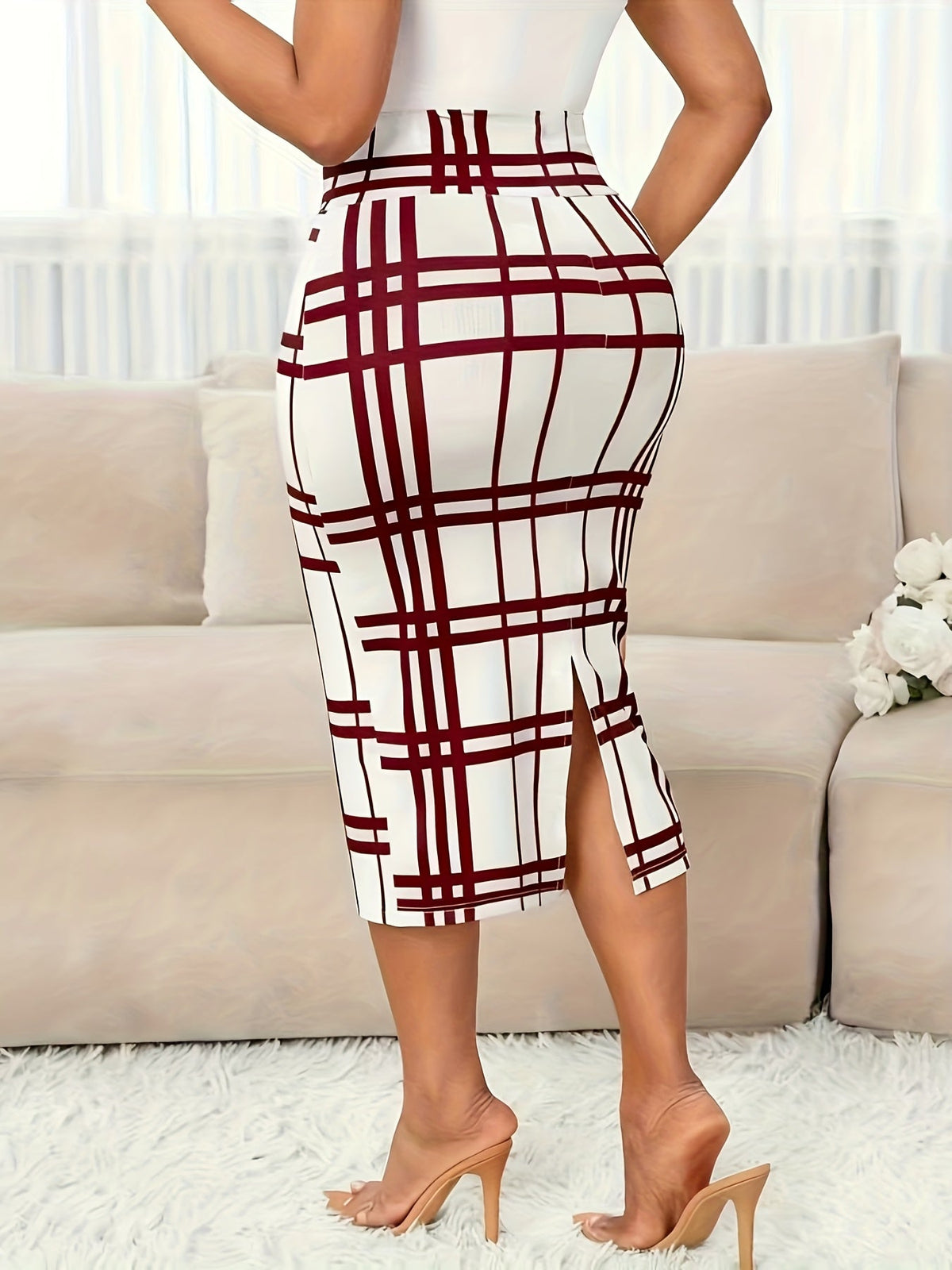 Kessoro women's plaid high-waist pencil skirt in white, burgundy and pink - product view 8