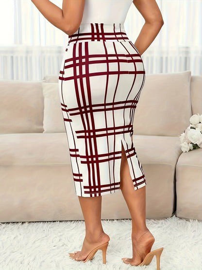 Kessoro women's plaid high-waist pencil skirt in white, burgundy and pink - product view 8