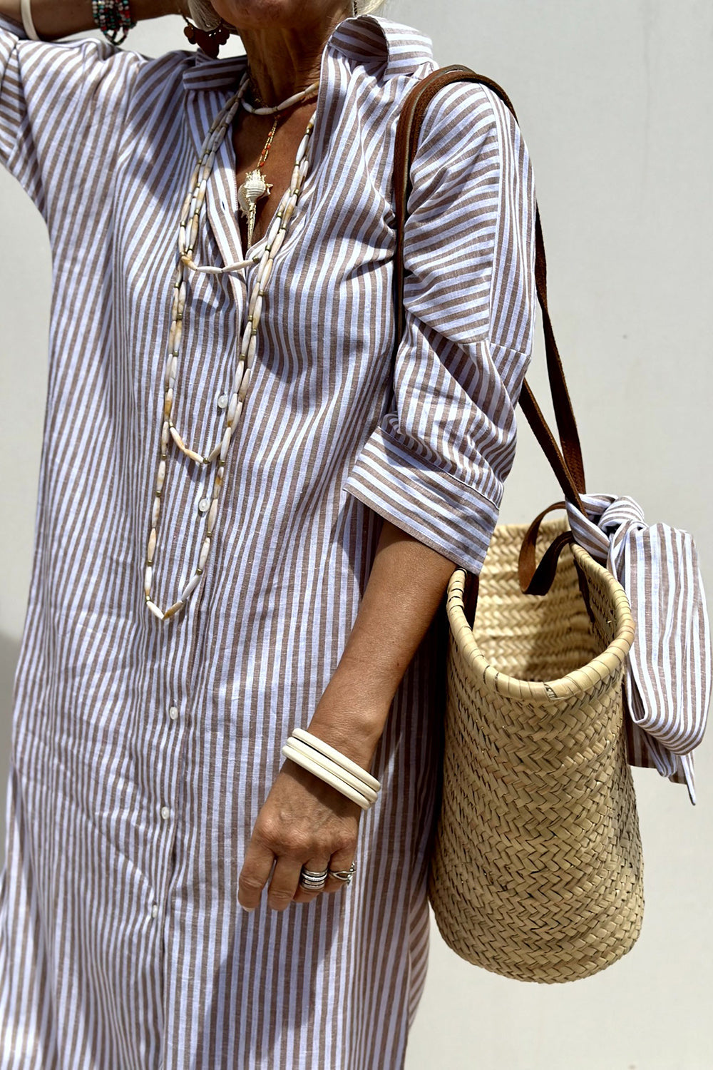 Women's striped V-neck shirt dress in pink, blue and khaki