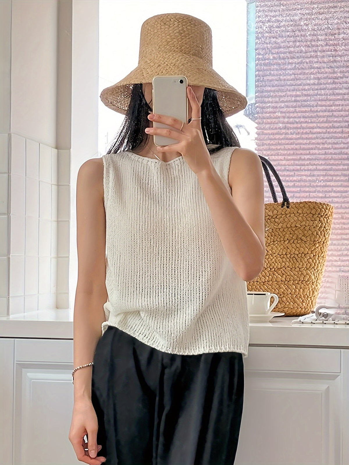 Kessoro women's relaxed open-knit sleeveless top in apricot and coffee brown, women's tops — view 4 of 8