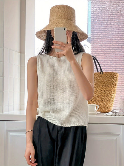 Kessoro women's relaxed open-knit sleeveless top in apricot and coffee brown, women's tops — view 4 of 8