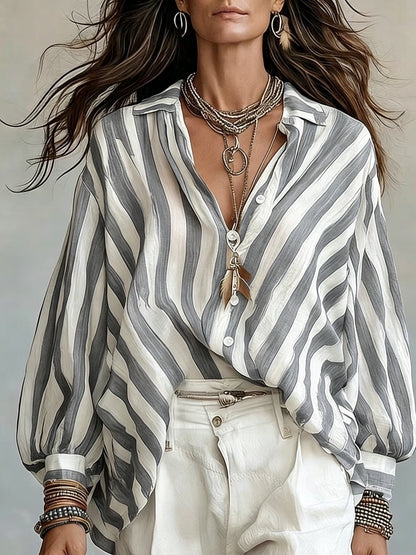 Kessoro women's relaxed striped open-collar shirt in grey, khaki and blue stripes – view 3