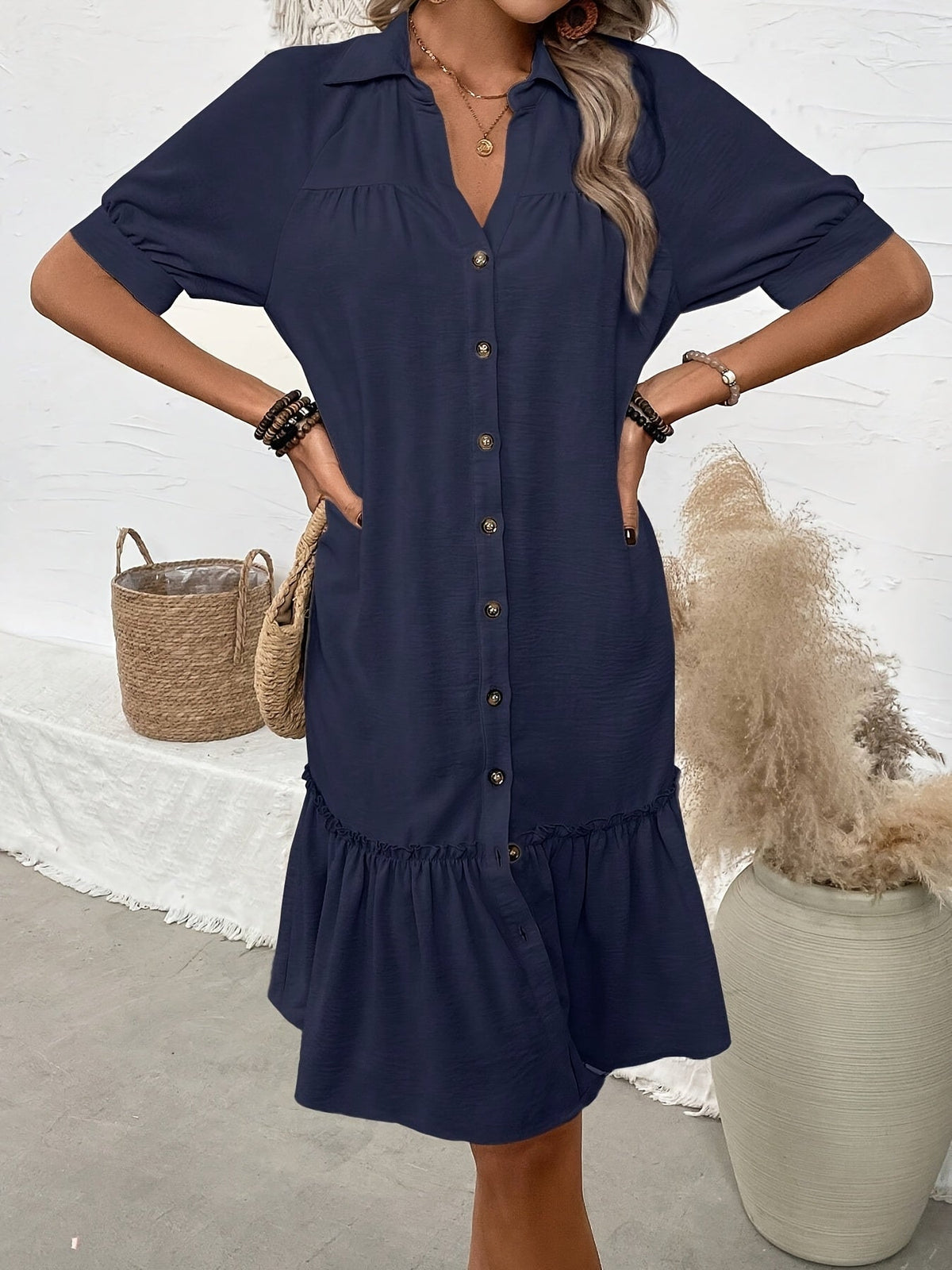 Women's button-front boho midi dress with pleated hem and rolled half sleeves