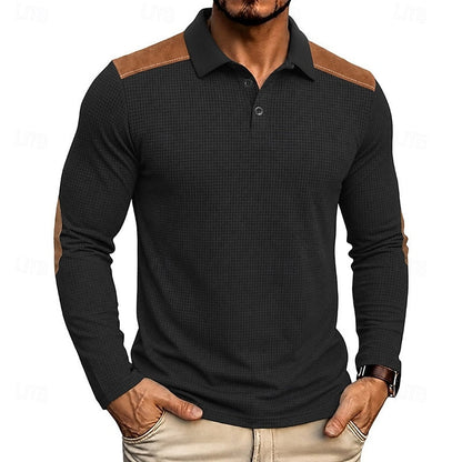 Kessoro men's textured colour-block long-sleeve polo shirt in blue, green, grey and burgundy tones, view 11