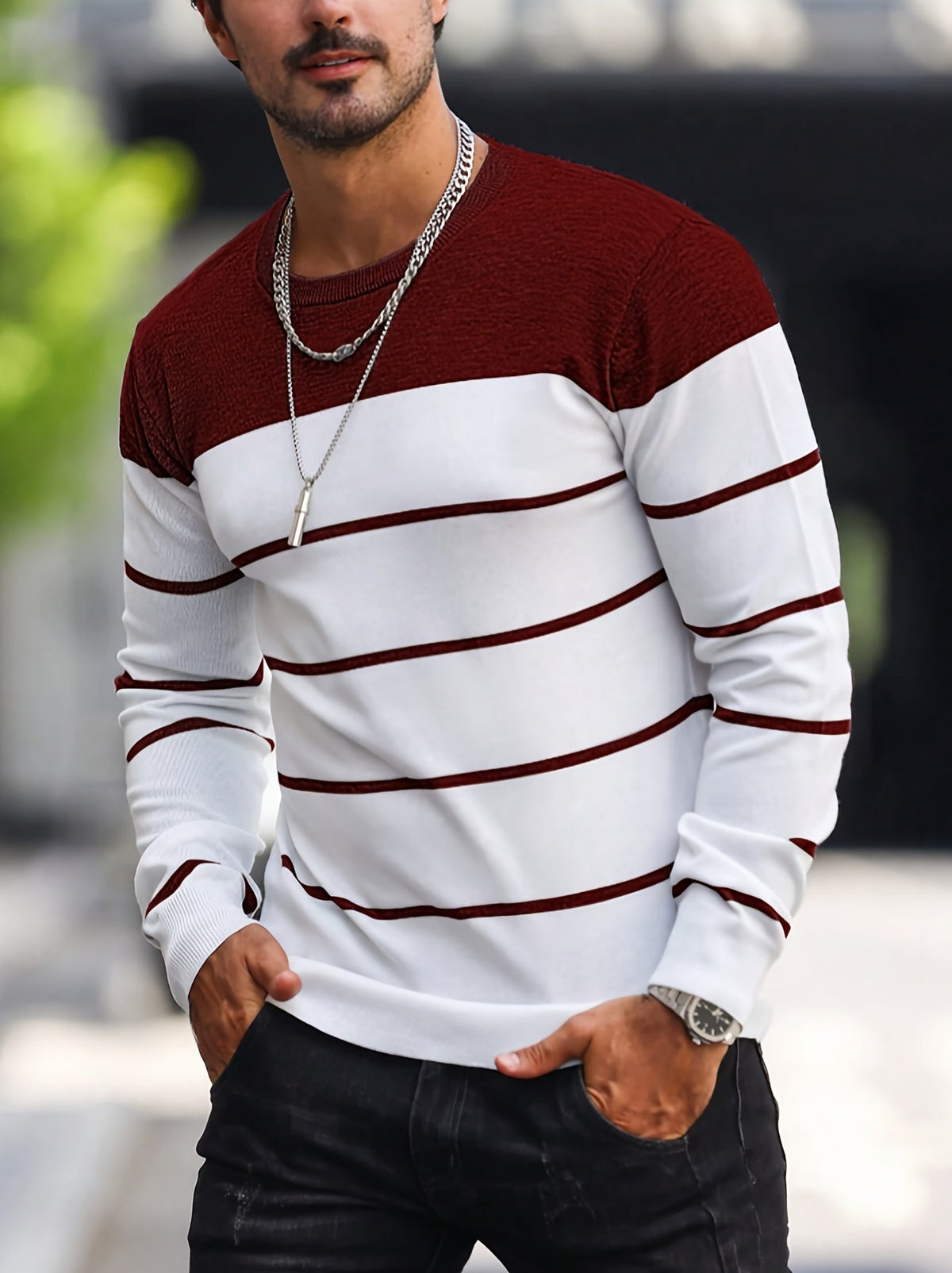 Kessoro Milky striped crew neck knit sweater for men