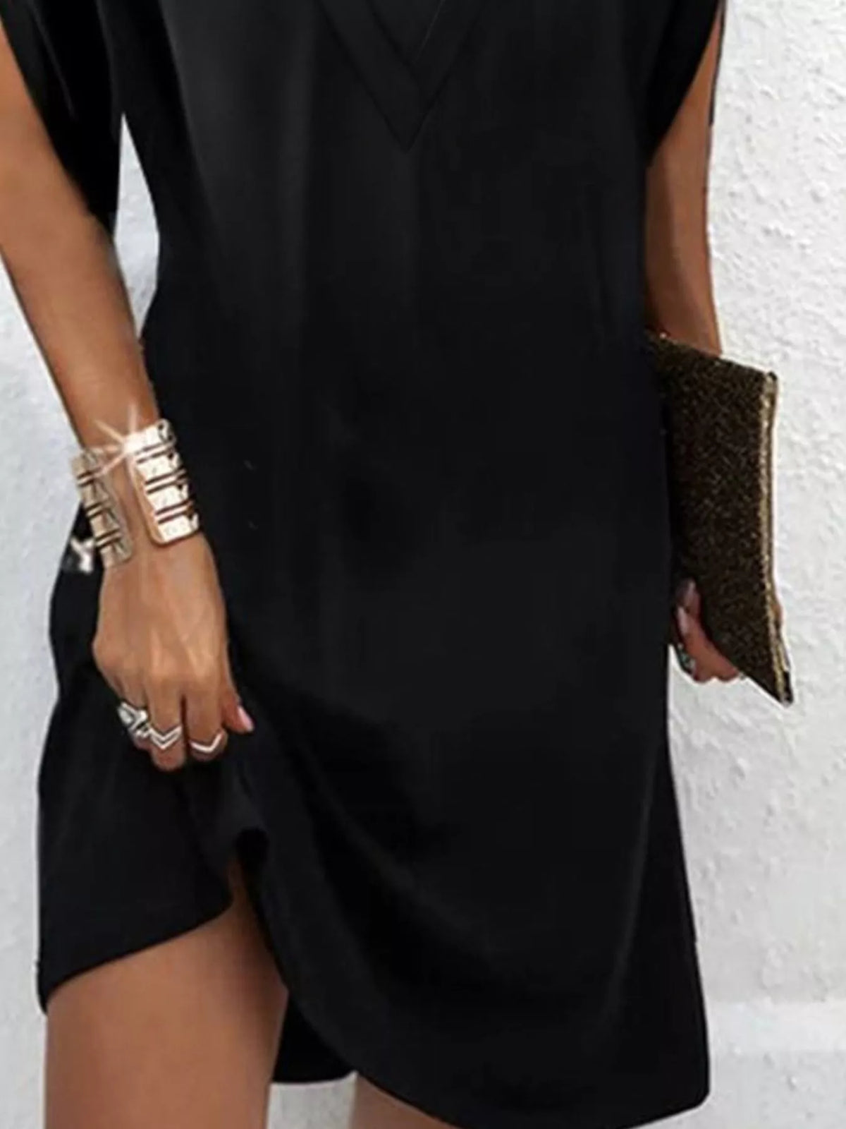 Women's V-neck mini dress with slit sleeves in army green, black, white, orange and pink