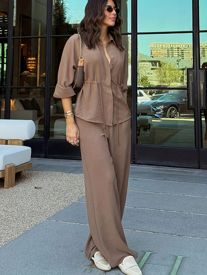 Women's relaxed lapel top and drawstring wide-leg pants set in coffee brown, burgundy, khaki and black, view 4
