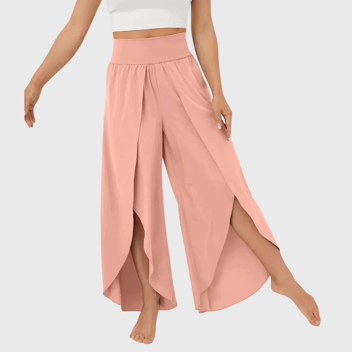 Women's high-waist flowing wide-leg split pants in a soft pastel and neutral colour family (view 6)