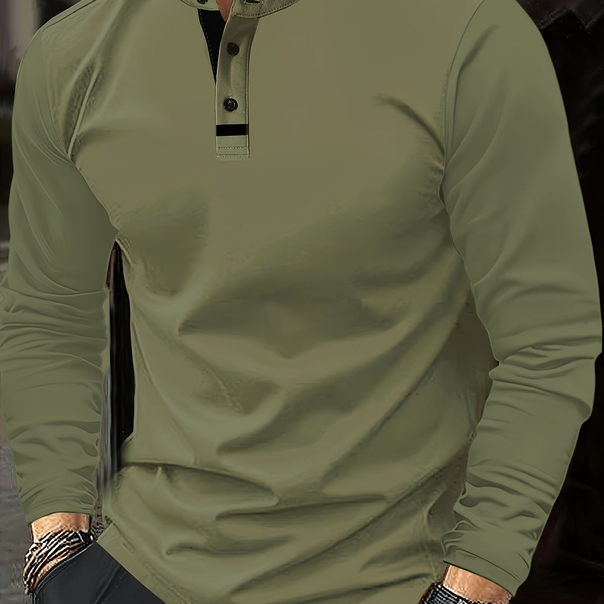 Men's refined long-sleeve button-placket henley shirt in granny gray, matcha green and navy, angled view