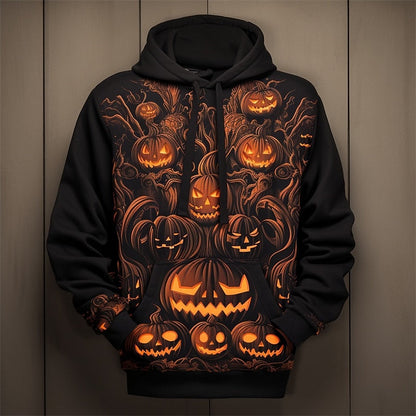 Kessoro Black Halloween pumpkin and forest print pullover hoodie for men and women
