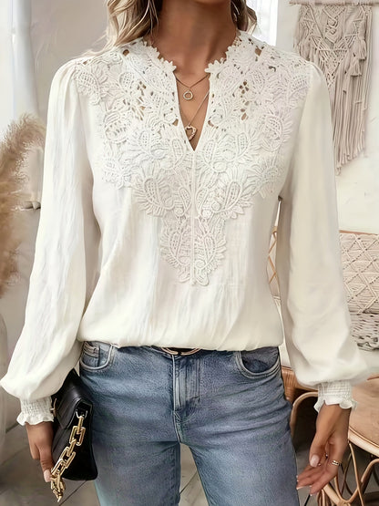 Kessoro women's embroidered V-neck lantern-sleeve blouse in white and light blue – view 2