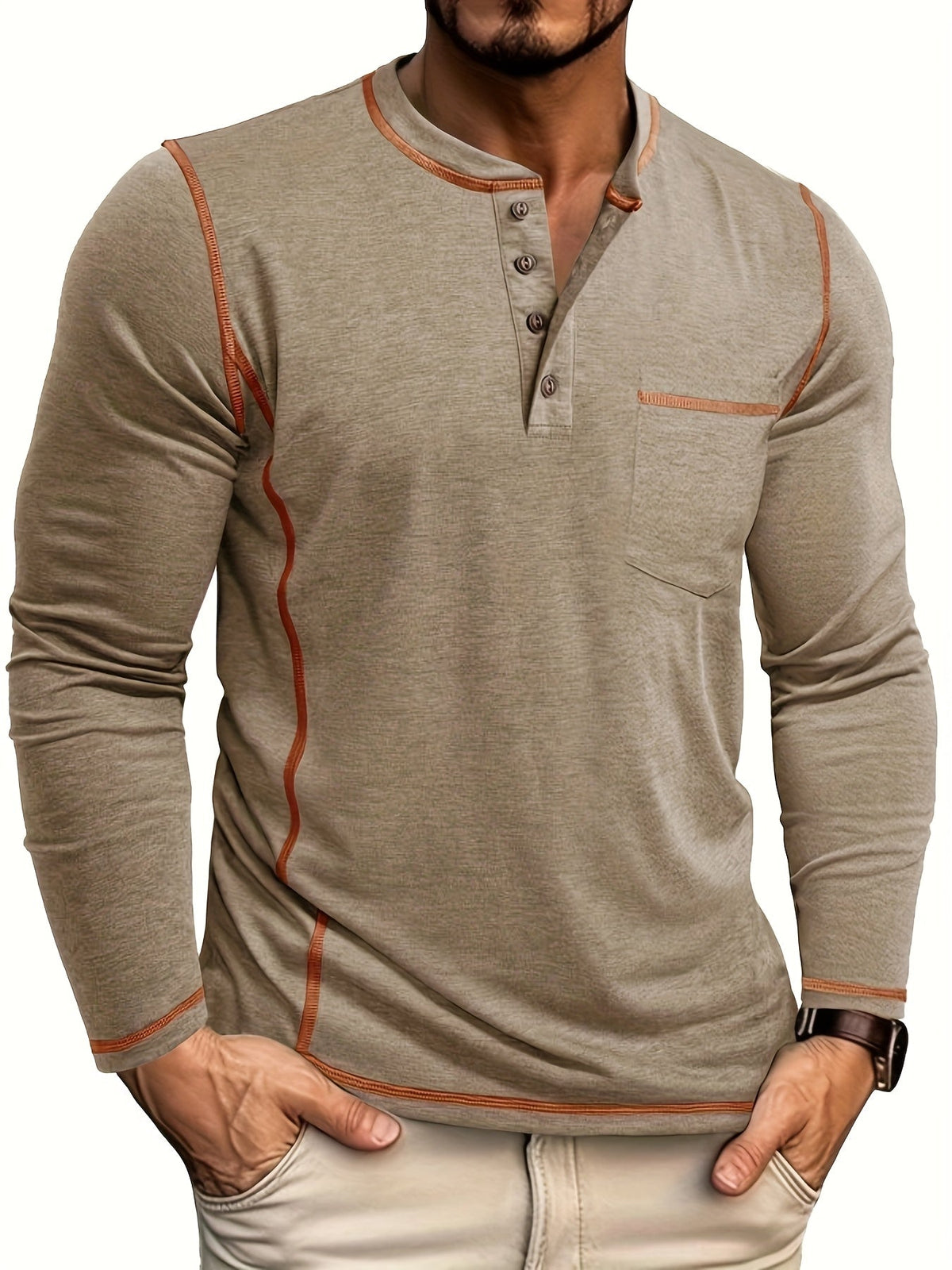 Men's contrast-stitch long sleeve henley shirt in khaki and green, side view