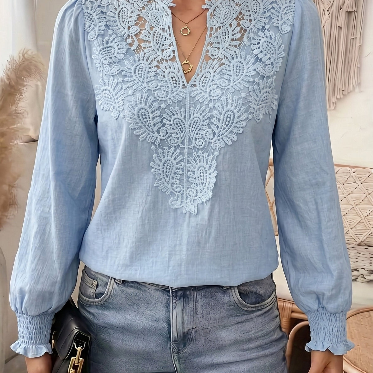 Kessoro women's embroidered V-neck lantern-sleeve blouse in white and light blue – view 13