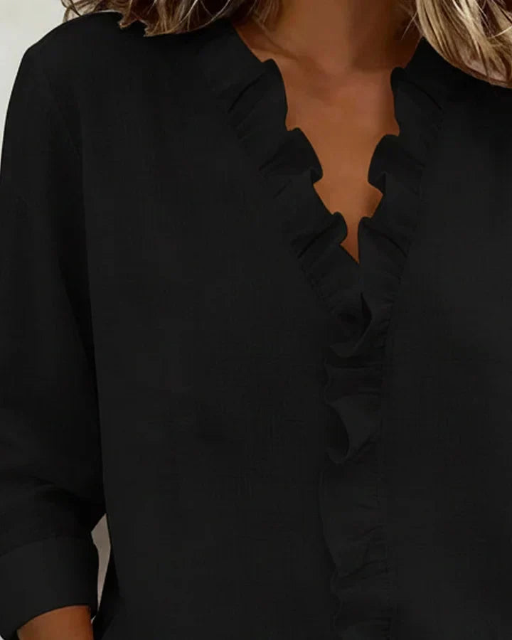 Kessoro women's V-neck ruffle long-sleeve blouse in pink, white, green, blue, black, orange, yellow and purple