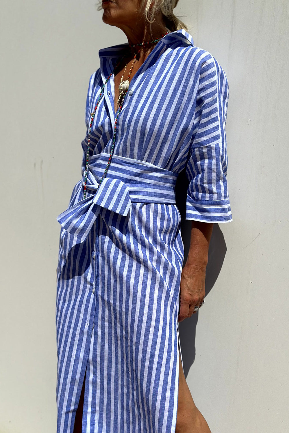 Women's striped V-neck shirt dress in pink, blue and khaki
