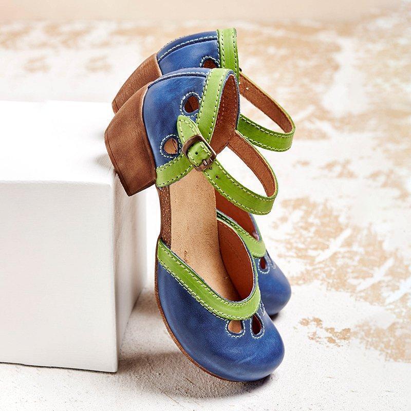 Women's low-heel T-strap comfort sandals in blue, orange, red and green — Kessoro, image 1 of 8